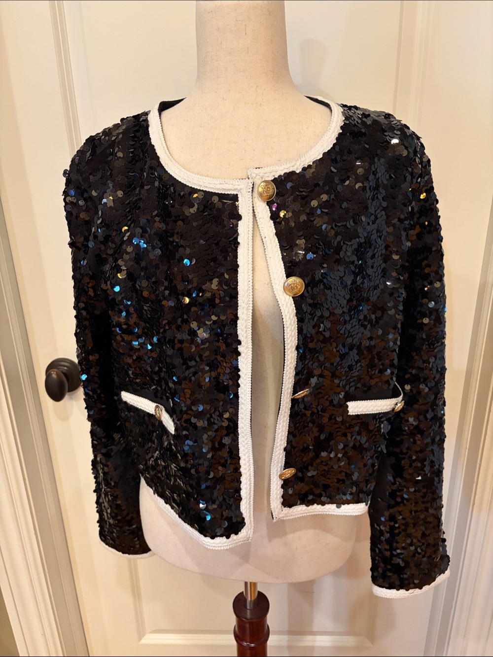 JCrew NWT Black Sequin Trimmed Open-Front Jacket with Gold Buttons